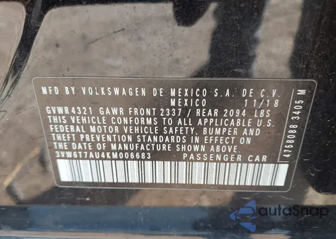 2019 Volkswagen Golf Gti 2.0T Autobahn/2.0T Rabbit Edition/2.0T S/2.0T Se из США, поврежденный, VIN 3VW6T7AU4KM006683